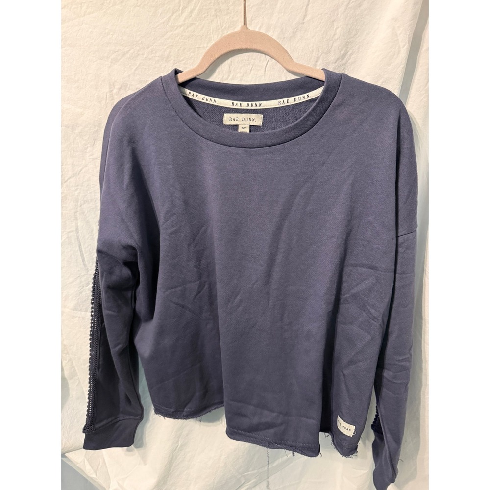 Rae Dunn Drop Shoulder Sweatshirt Crochet Trim Raw Edge Hem Nightshadow Blue S‎